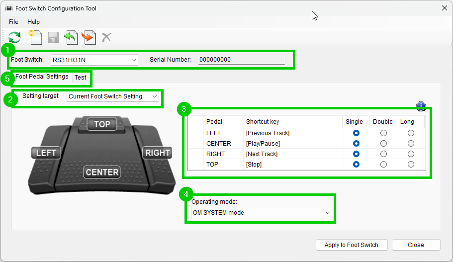 foot switch configuration tool